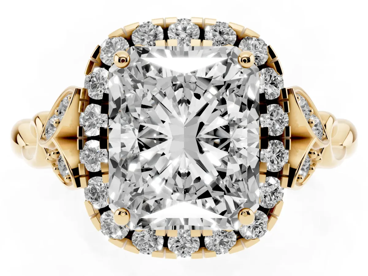 Radiant Cut Halo Diamond Engagement Ring with Vintage-Inspired Band and Four-Prong Setting Yellow gold