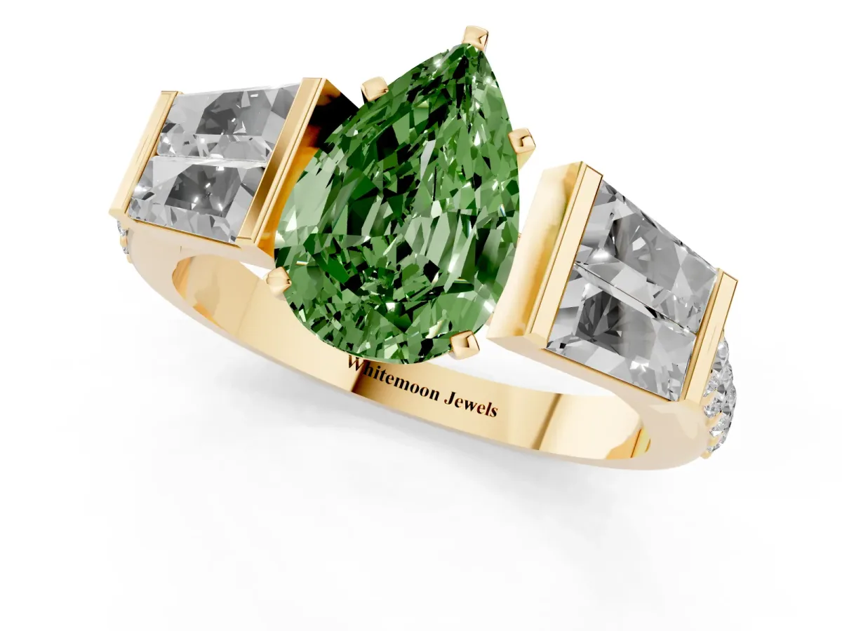 Fancy Green Pear Cut Diamond Engagement Ring with Baguette Side Stones and Channel Set Band Yellow gold