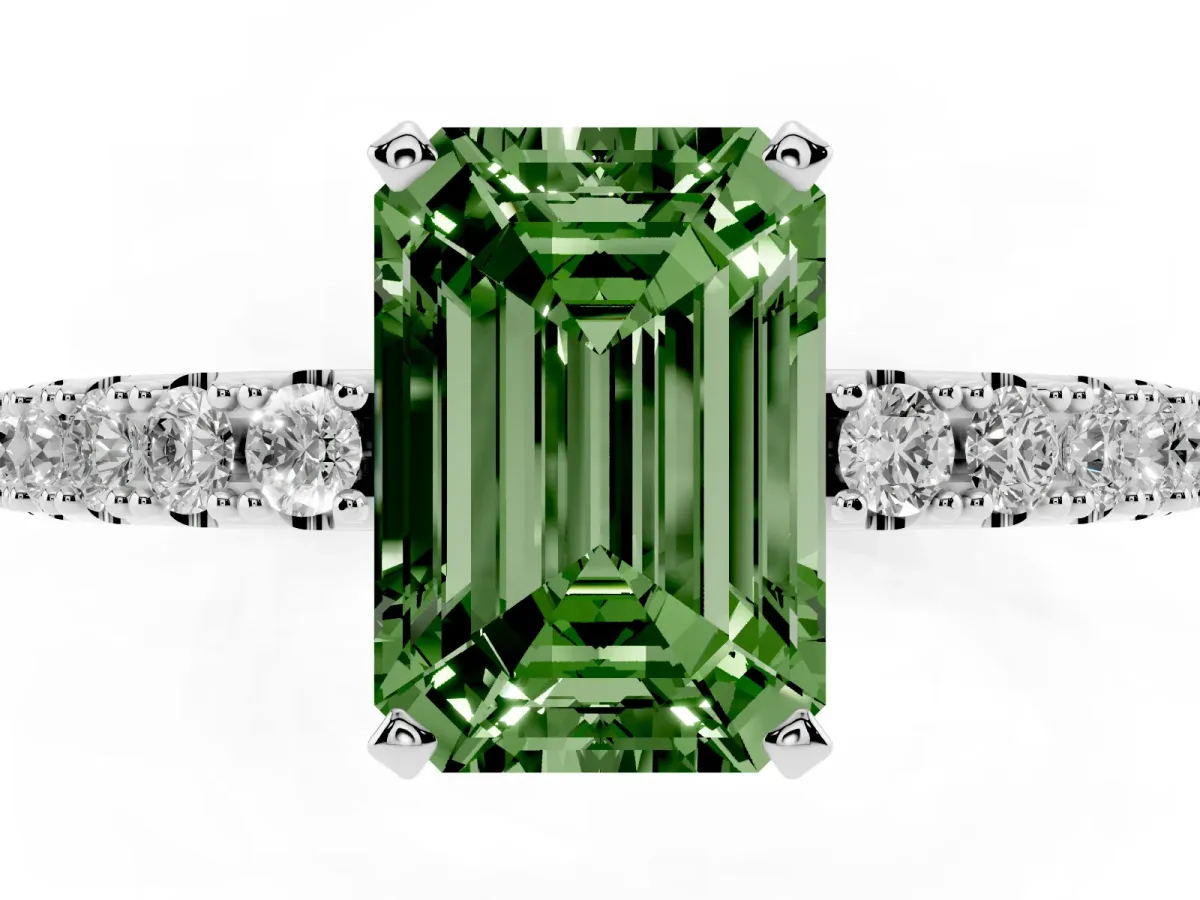 Fancy Green Emerald Cut Diamond Solitaire Pavé Band with Four-Prong Setting Platinum