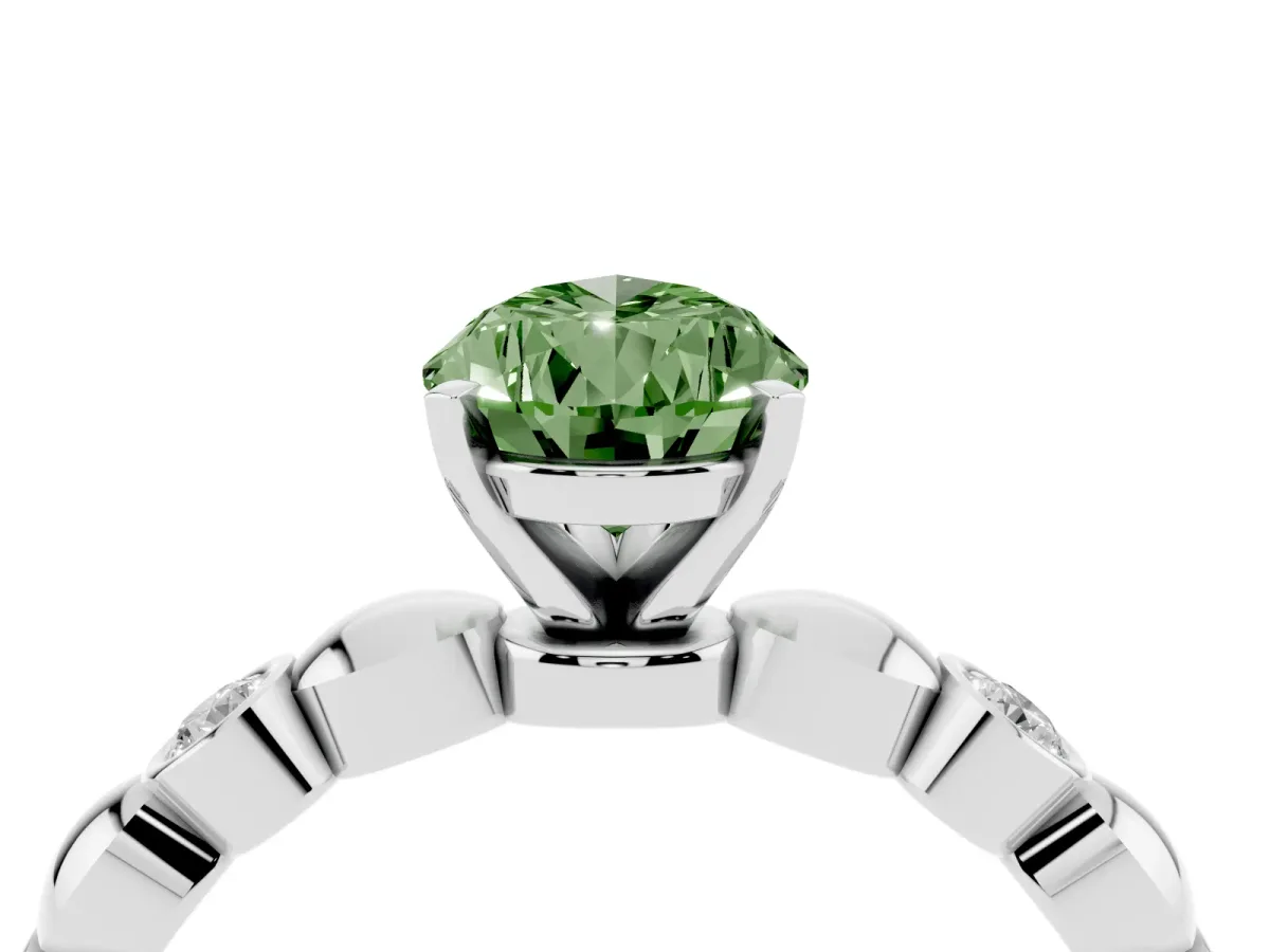 Fancy Green Pear Cut Solitaire Bezel-Set Diamond Ring with Beaded Band and Four-Prong Setting Silver