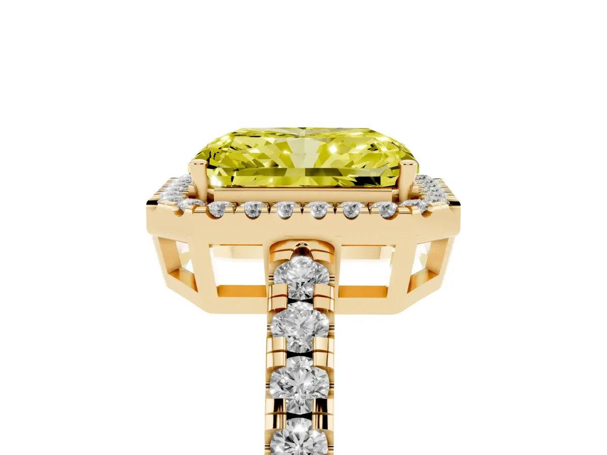 Fancy Yellow Radiant Cut Diamond Halo Ring with Pavé Band and Four-Prong Setting Yellow gold
