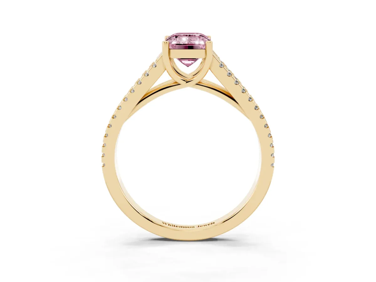 Fancy Pink Emerald Cut Diamond Solitaire Engagement Ring with Split Shank Pavé Band Yellow gold