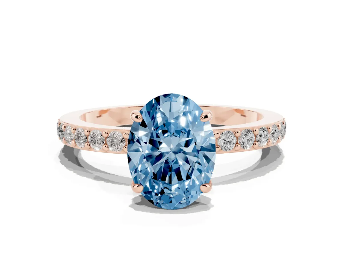 Fancy Blue Oval Cut Diamond Pavé Engagement Ring with Round Accents and Prong Setting Rose gold