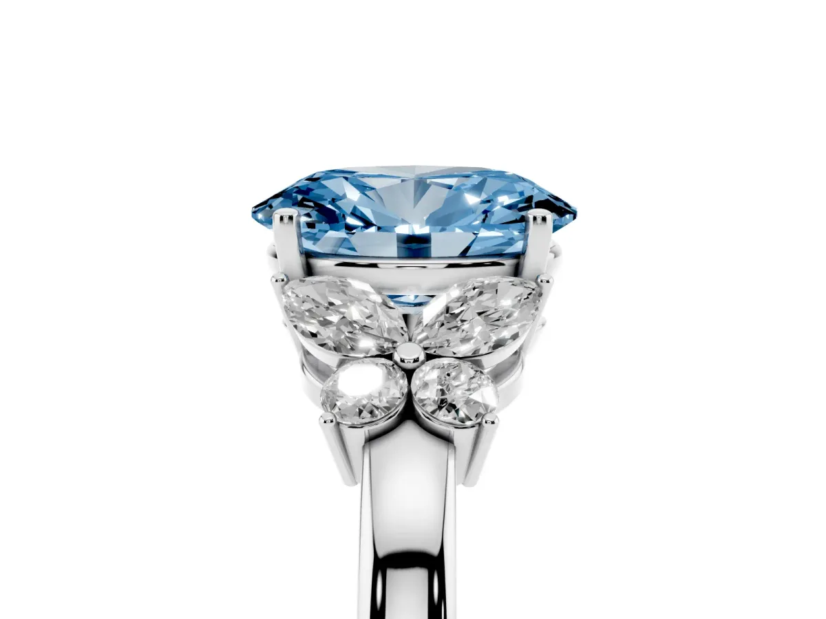 Fancy Blue Oval Cut Cut Solitaire Floral Diamond Ring with Four-Prong Setting Silver
