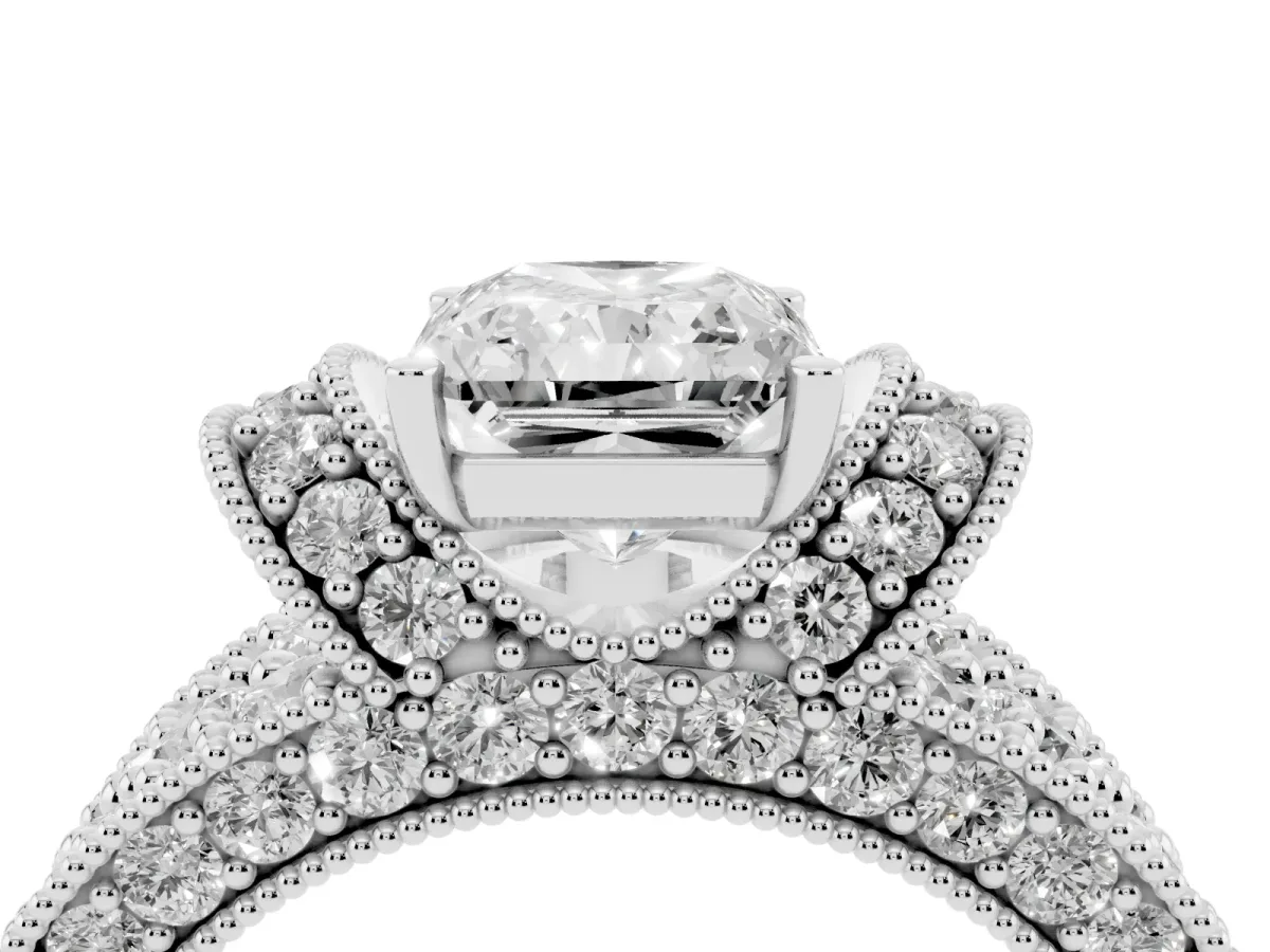 Radiant Cut Halo Pave Diamond Engagement Ring with Milgrain Detailing Platinum