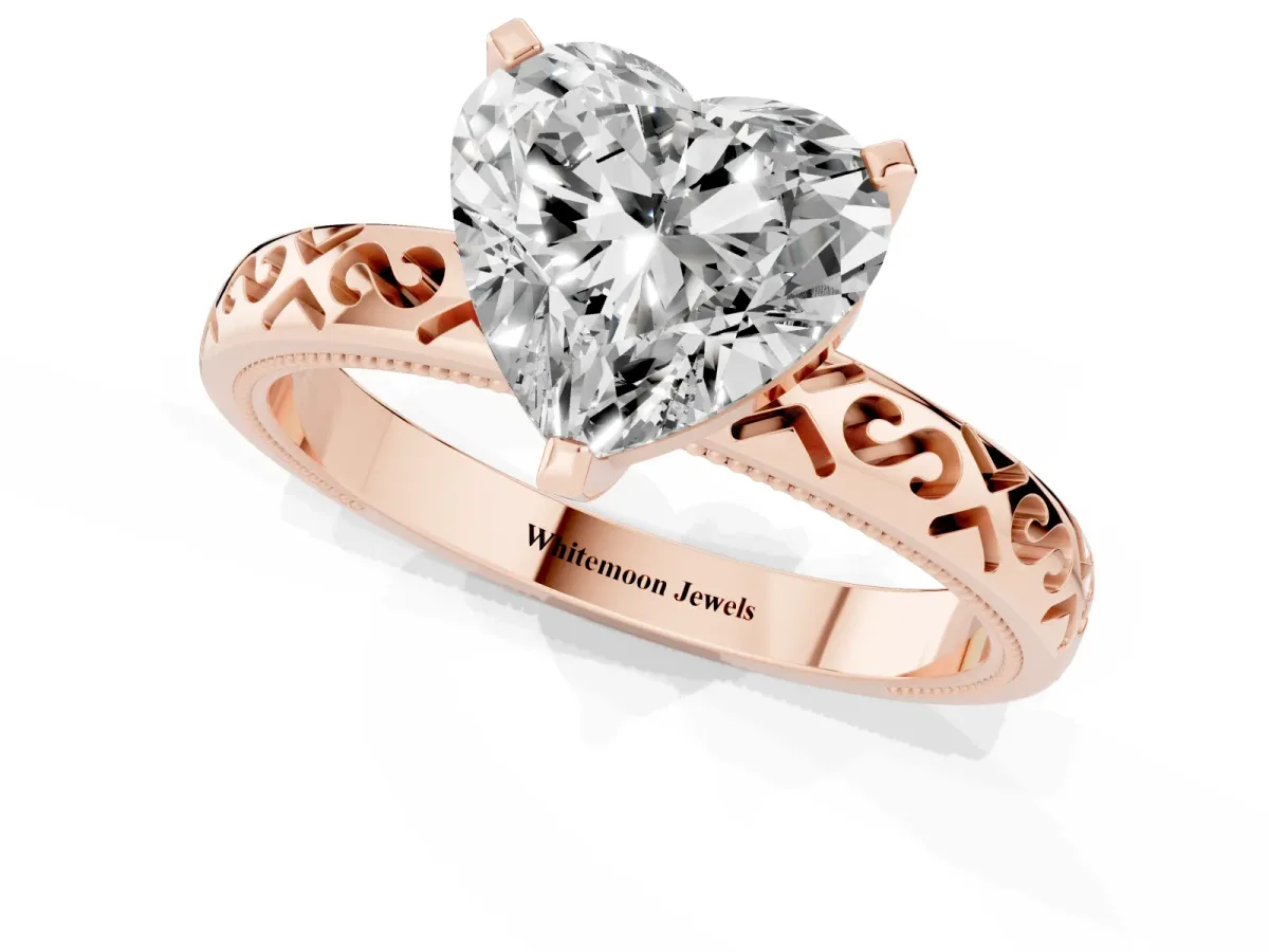 Heart Cut Solitaire Engagement Ring with Scrollwork Band and Four-Prong Setting Rose gold