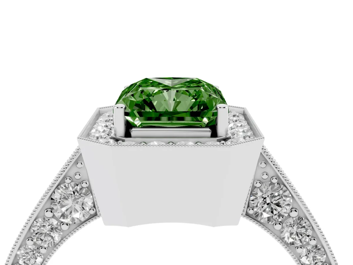 Fancy Green Radiant Cut Halo Diamond Engagement Ring with Split Shank Band and Four-Prong Setting Silver