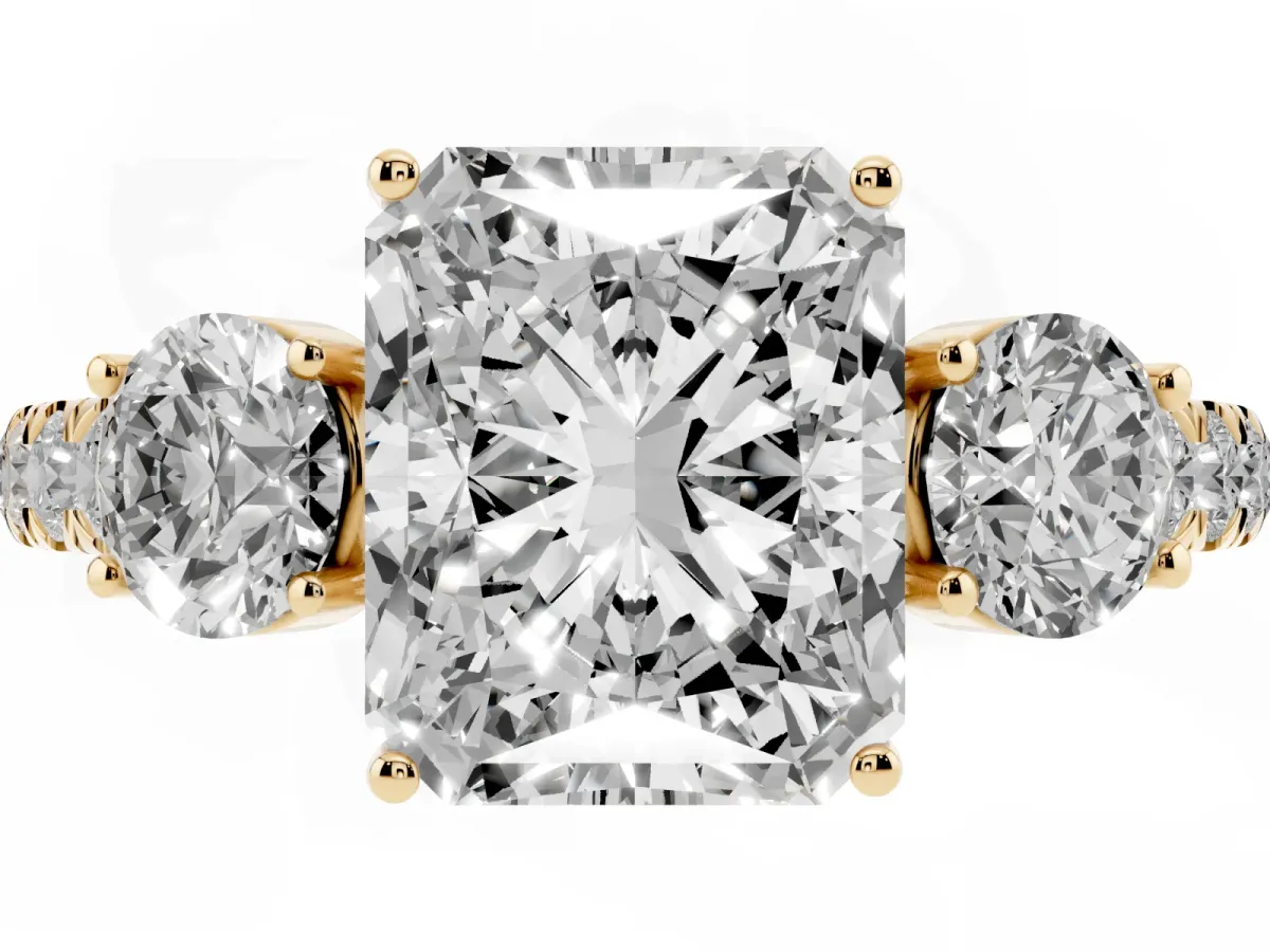 Radiant Cut Cut Diamond Three-Stone Ring with Round Side Stones and Pavé Band Yellow gold