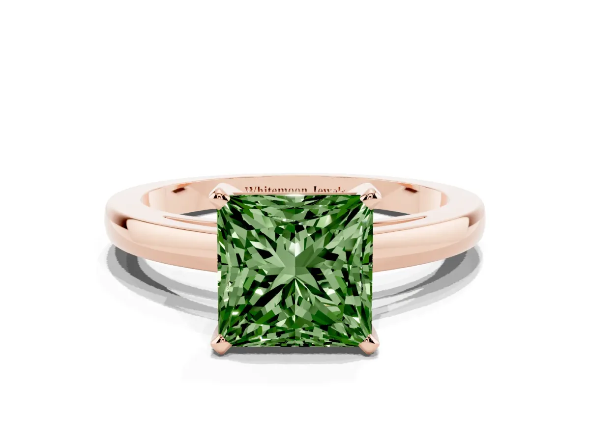 Fancy Green Princess Cut Solitaire Diamond Engagement Ring with Four-Prong Setting on a Classic Band Rose gold
