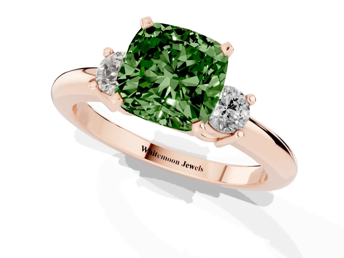 Fancy Green Three-Stone Cushion Cut Cut Diamond Solitaire with Prong Setting and Classic Band Rose gold