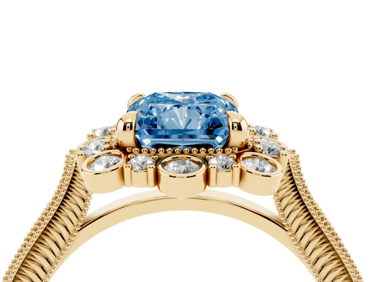 Fancy Blue Radiant Cut Halo Milgrain Pave Diamond Ring with Four-Prong Setting Yellow gold