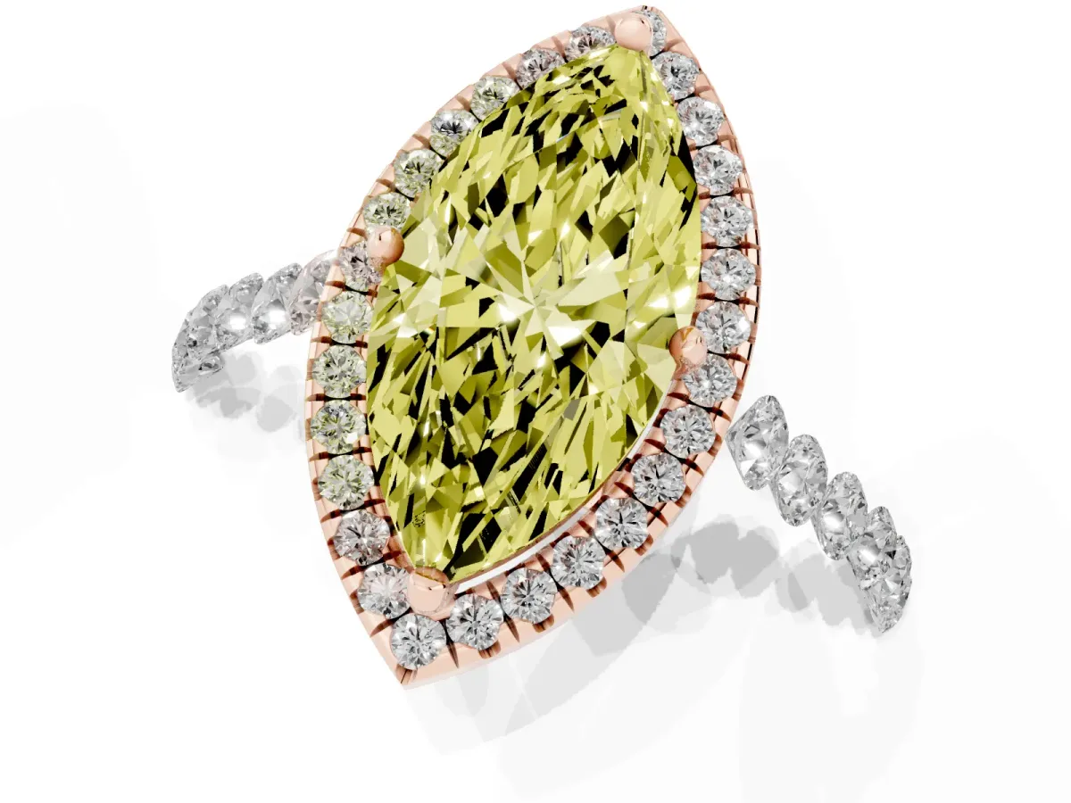 Fancy Yellow Marquise Cut Halo Pavé Diamond Engagement Ring with Four-Prong Setting Rose gold