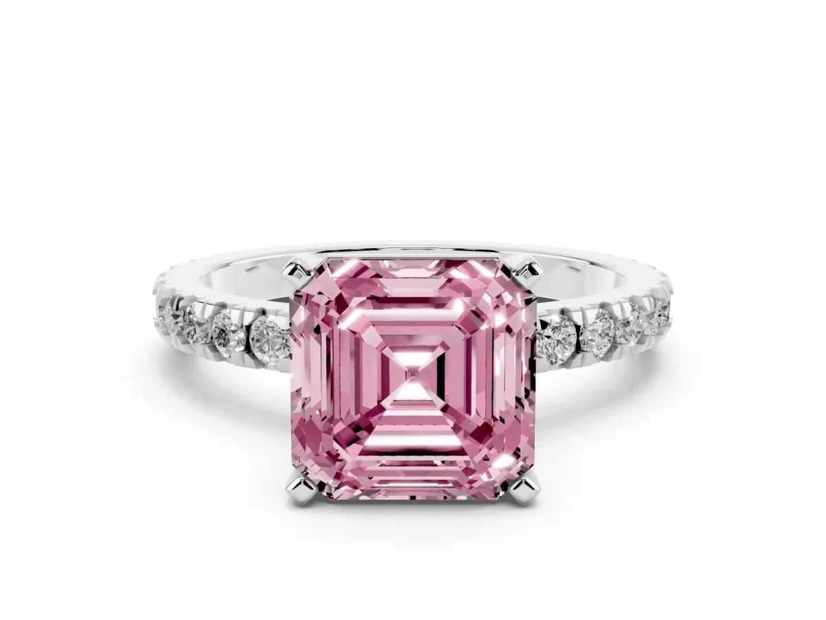 Fancy Pink Asscher Cut Diamond Pavé Band Solitaire with Four-Prong Setting Silver
