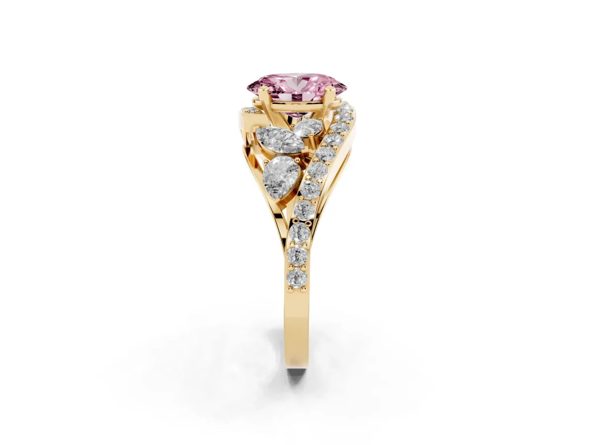 Fancy Pink Oval Cut Diamond Halo Ring with Marquise and Pavé Band in Prong Setting Yellow gold