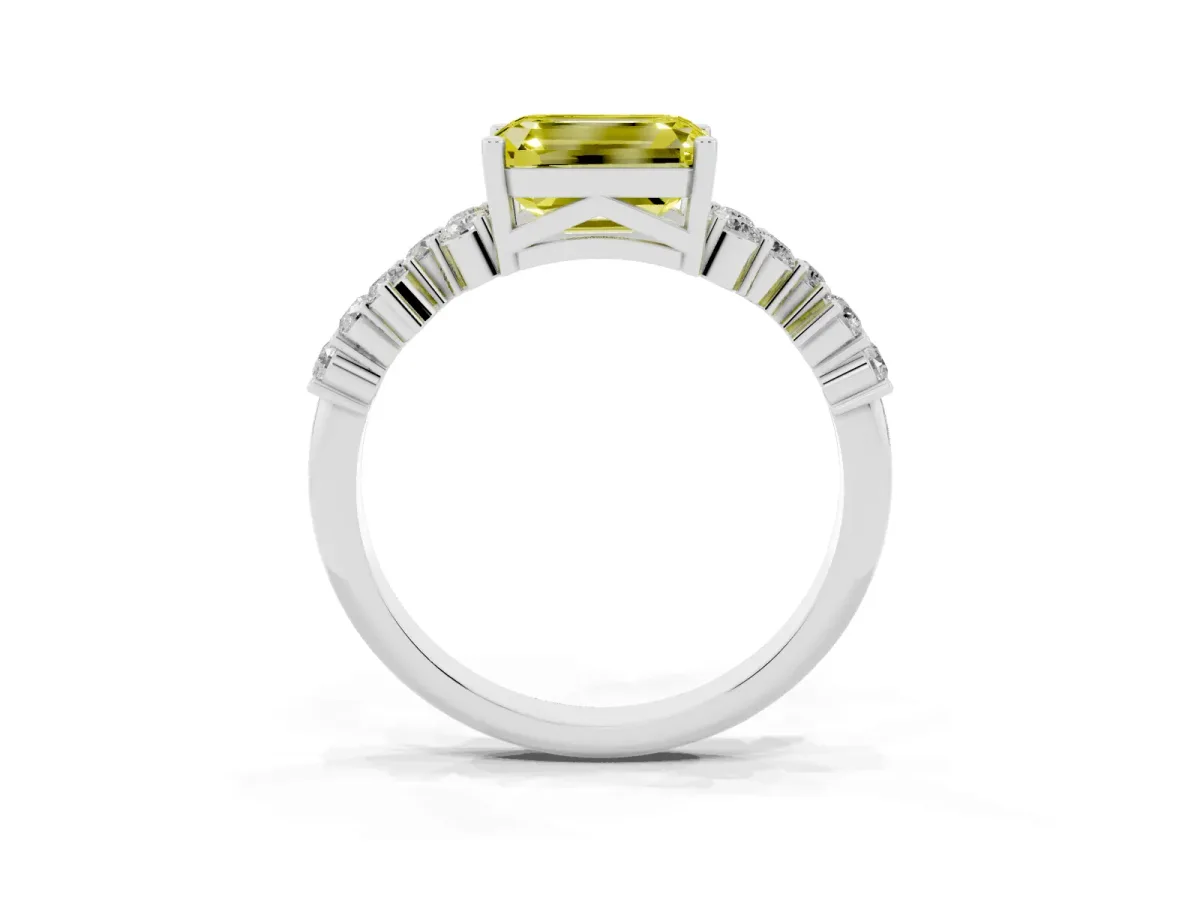 Fancy Yellow Emerald Cut Diamond Scattered Round Accent Ring with Prong Setting Silver