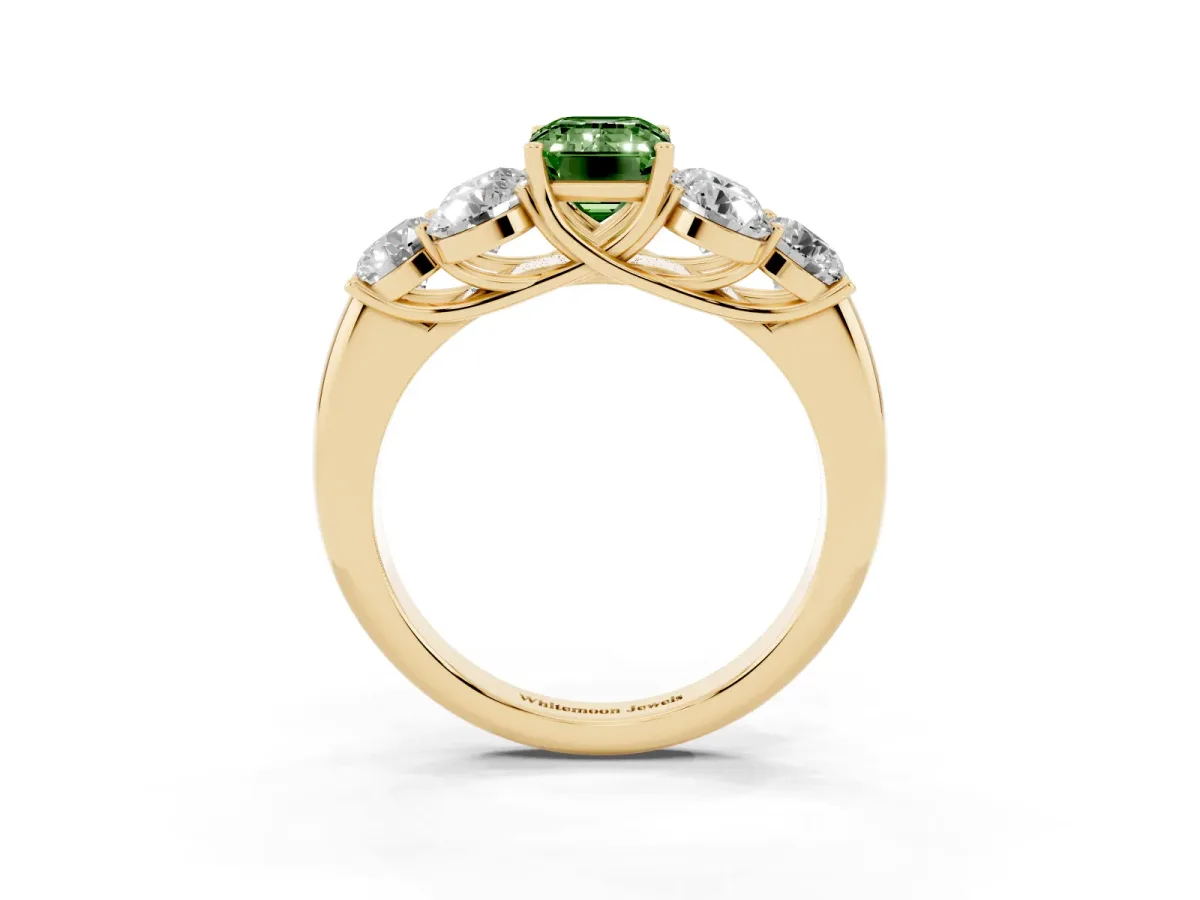 Fancy Green Emerald Cut Cut Diamond Cluster Ring with Round Accent Stones and Prong Setting on a Classic Band Yellow gold