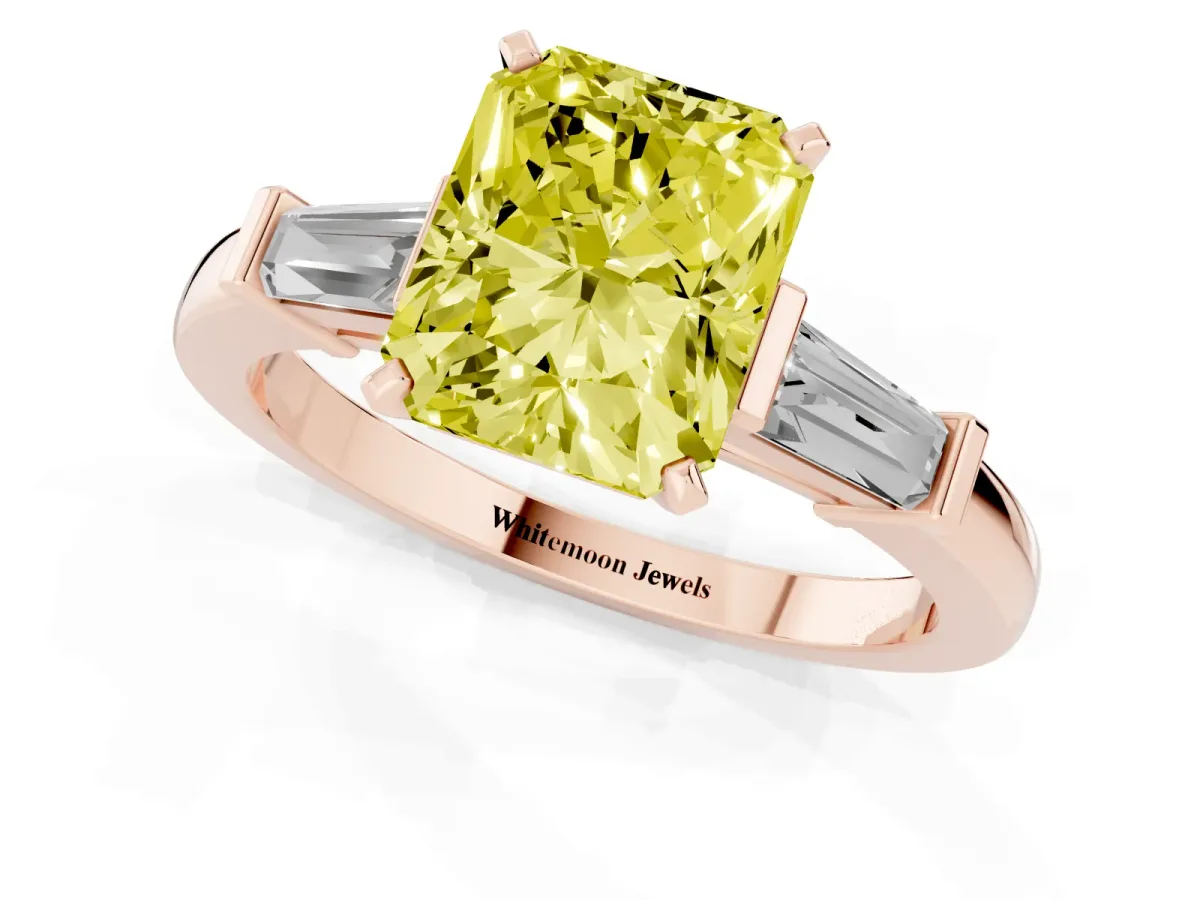 Fancy Yellow Radiant Cut Cut Diamond Solitaire Ring with Tapered Baguette Accents and Four-Prong Setting Rose gold
