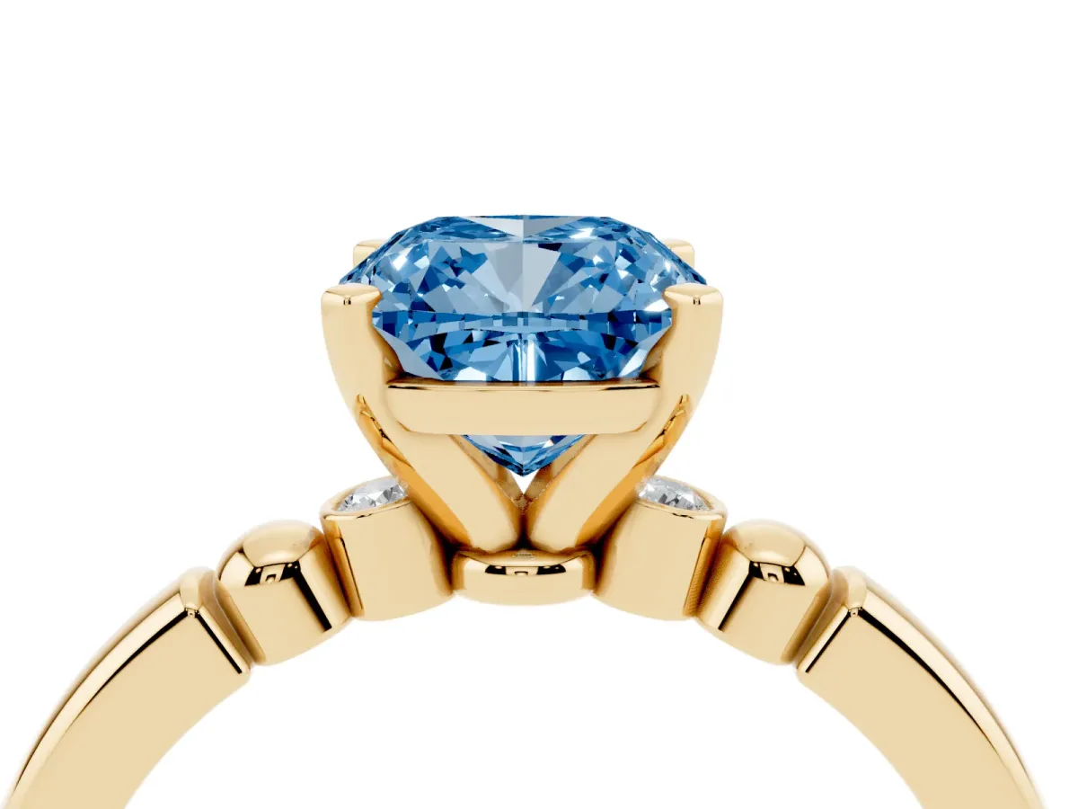 Fancy Blue Cushion Cut Solitaire Beaded Band with Four-Prong Setting Yellow gold