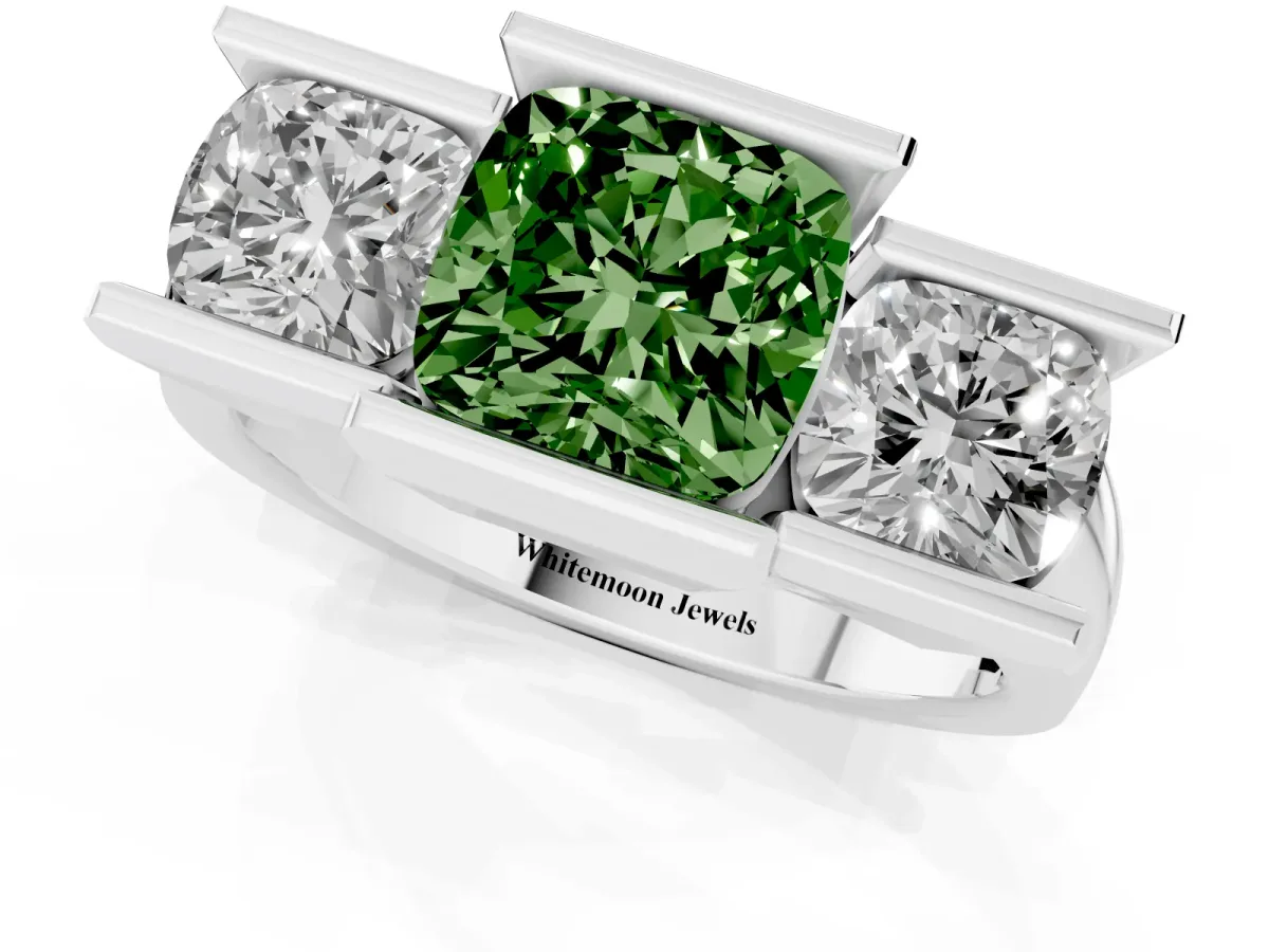 Fancy Green Three Stone Cushion Cut Cut Channel Set Diamond Ring Silver