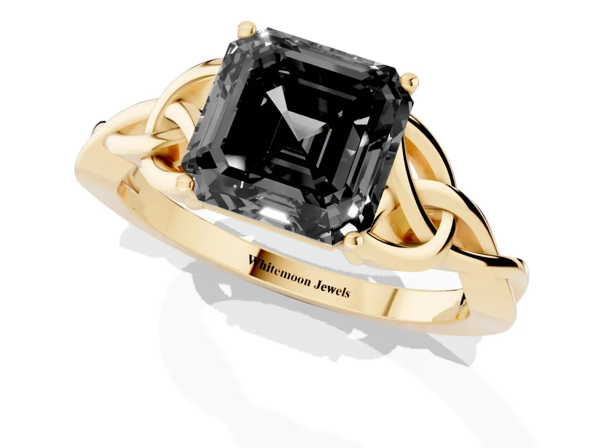 Fancy Black Asscher Cut Diamond Solitaire Engagement Ring with Celtic Knot Band and Four-Prong Setting Yellow gold
