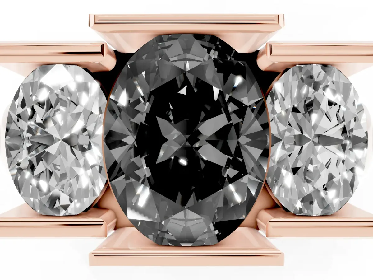 Fancy Black Three Stone Oval Cut Cut Channel Set Diamond Ring Rose gold