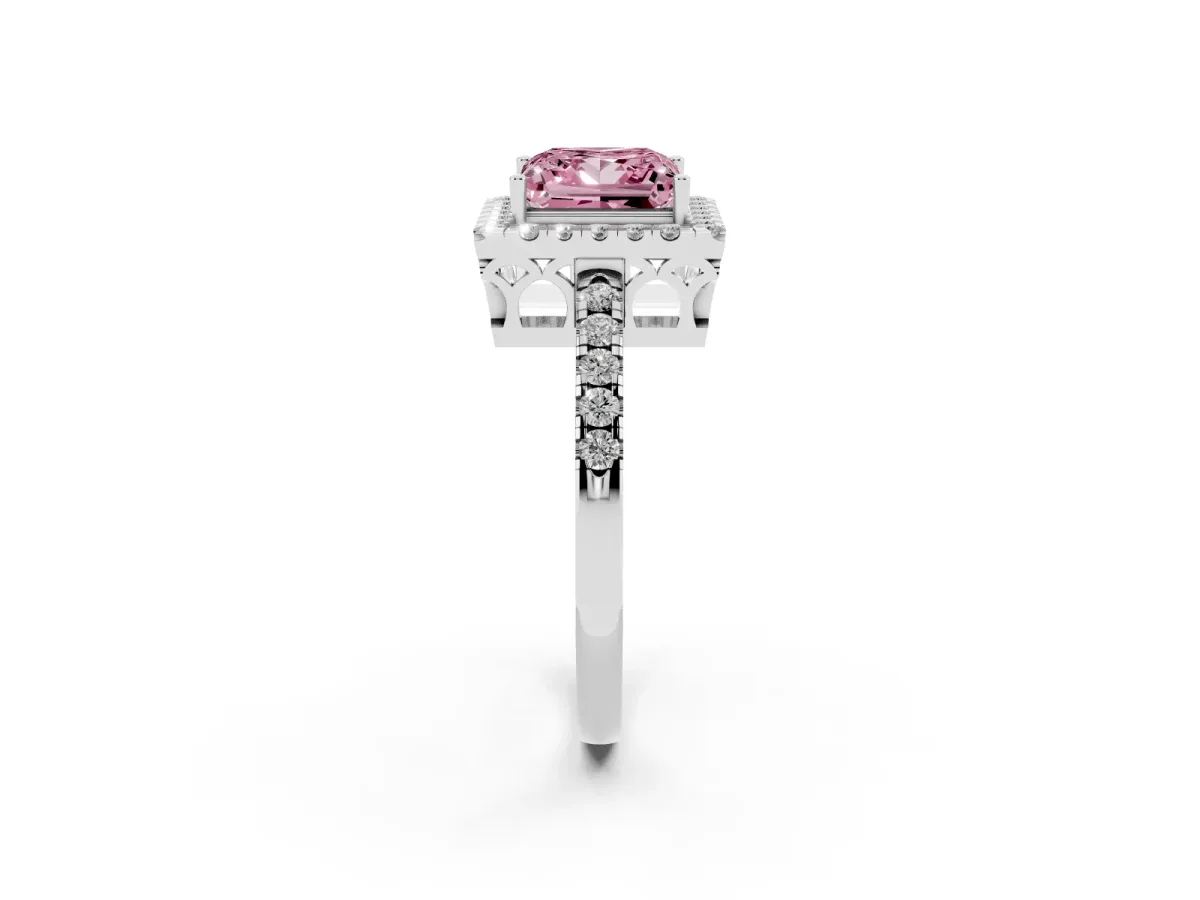 Fancy Pink Princess Cut Halo Diamond Engagement Ring with Pavé Band and Four-Prong Setting Silver