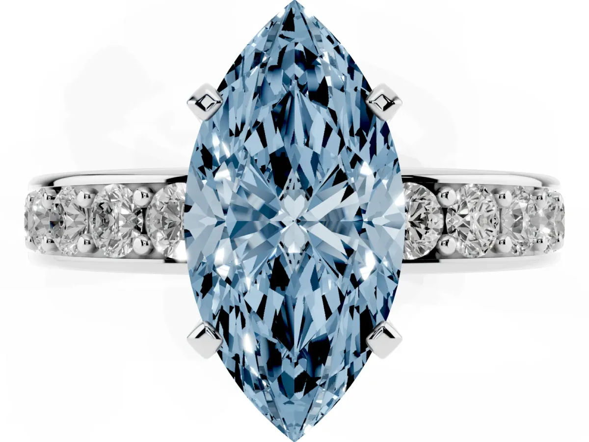 Fancy Blue Marquise Cut Diamond Engagement Ring with Channel Set Round Band and Prong Setting Platinum