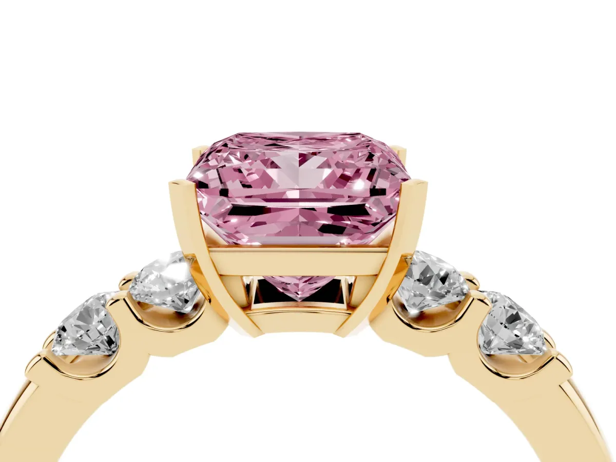 Fancy Pink Princess Cut Brilliant Cut Diamond Five-Stone Prong Set Engagement Ring with Channel Band Yellow gold