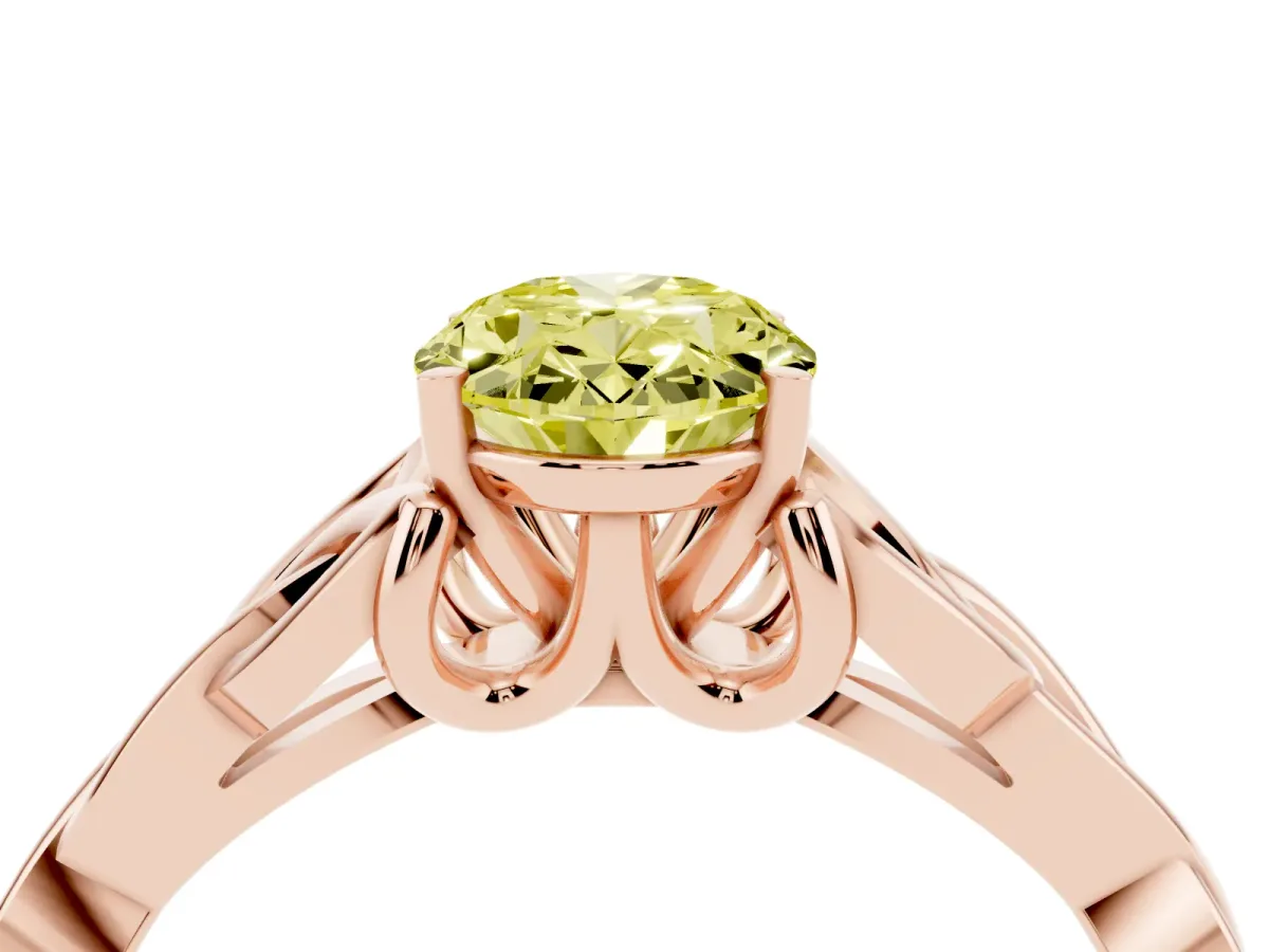 Fancy Yellow Oval Cut Diamond Solitaire Engagement Ring with Celtic Knot Band and Four-Prong Setting Rose gold