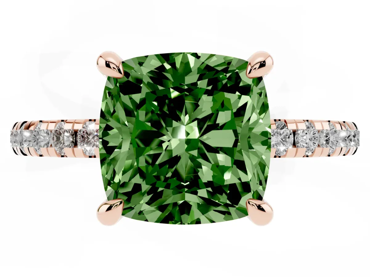 Fancy Green Cushion Cut Diamond Brilliant Solitaire Ring with Pavé Band and Four-Prong Setting Rose gold