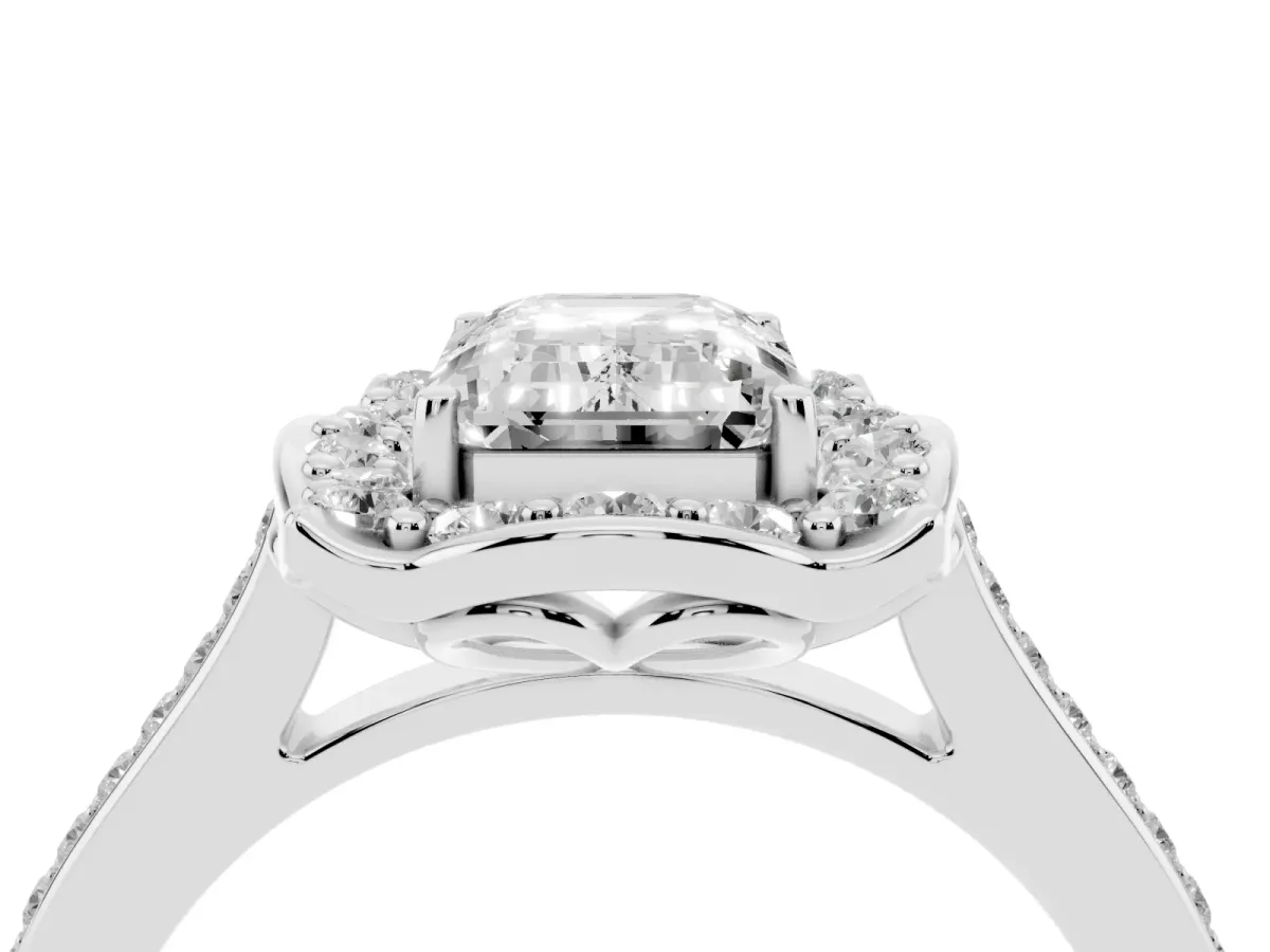 Emerald Cut Halo Round Diamond Pave Band with Four-Prong Setting Silver