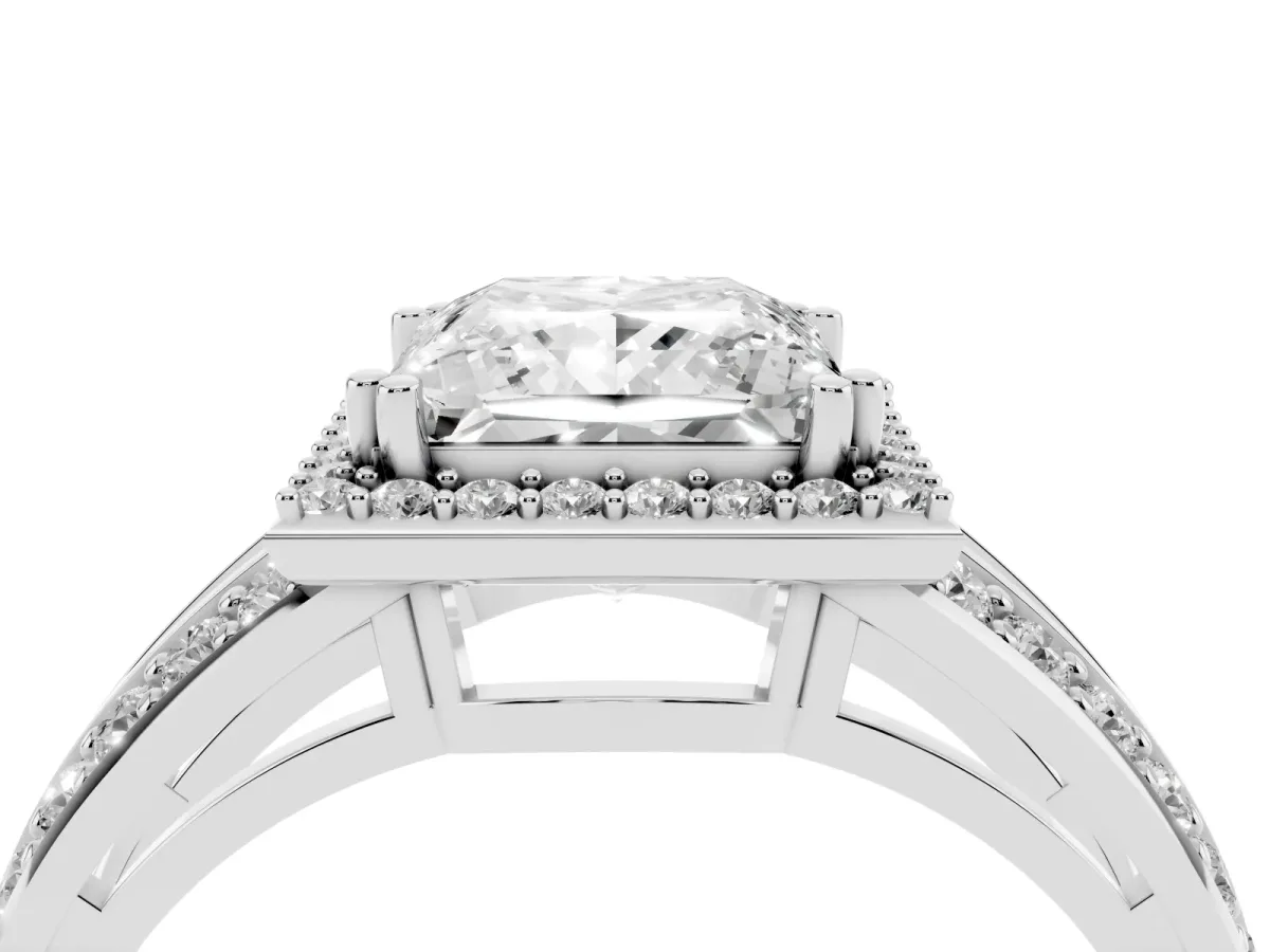 Princess Cut Diamond Halo Ring with Split Shank Pavé Band and Four-Prong Setting White gold