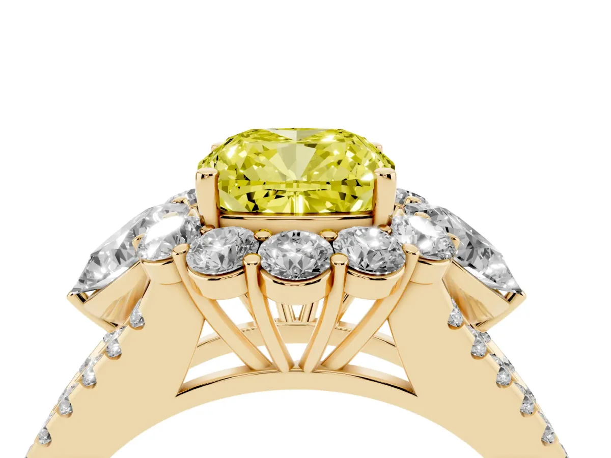 Fancy Yellow Cushion Cut Halo Split Shank Diamond Engagement Ring with Prong Setting Yellow gold