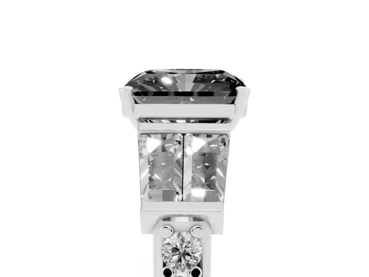 Fancy Black Radiant Cut Diamond Engagement Ring with Baguette Side Stones and Channel Set Band Platinum