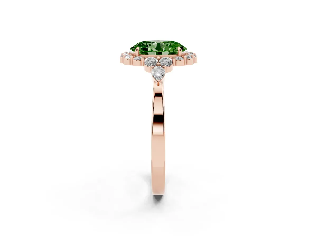 Fancy Green Oval Cut Diamond Halo Ring with Pear Side Stones and Prong Setting Rose gold