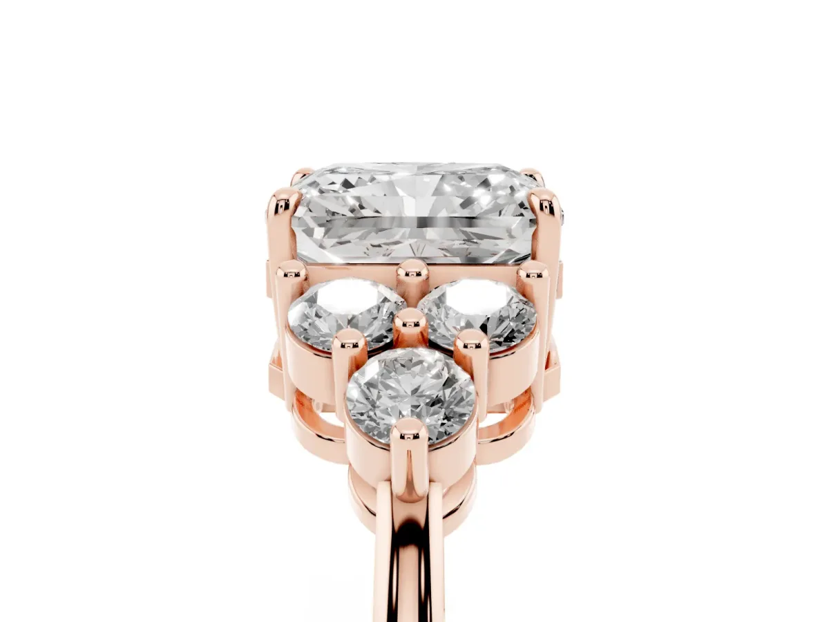 Radiant Cut Brilliant Diamond Cluster Accent Solitaire Ring with Prong Setting Rose gold