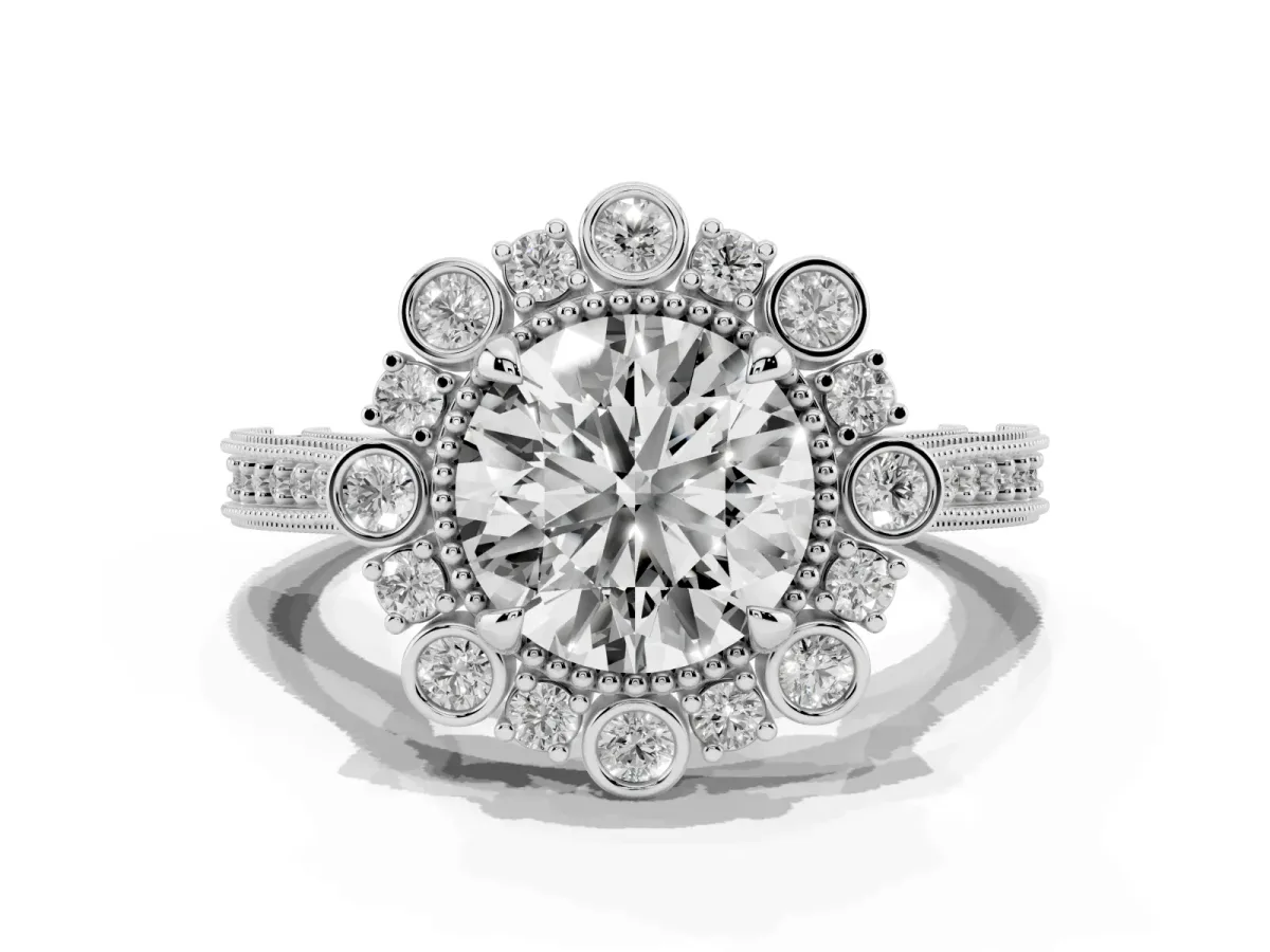 Round Cut Halo Milgrain Pave Diamond Ring with Four-Prong Setting Platinum