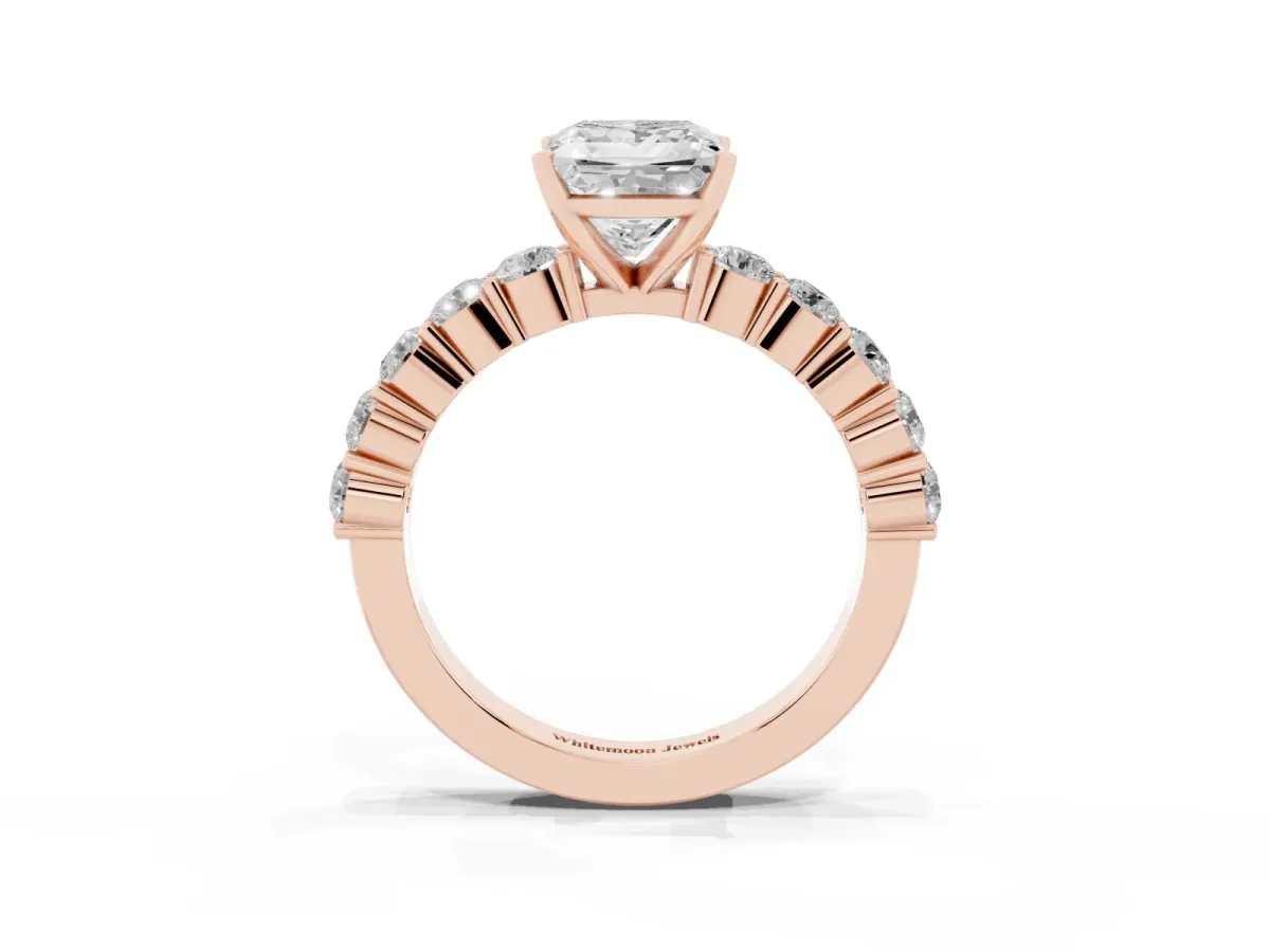 Princess Cut Diamond Solitaire Ring with Shared Prong Round Side Stones Rose gold