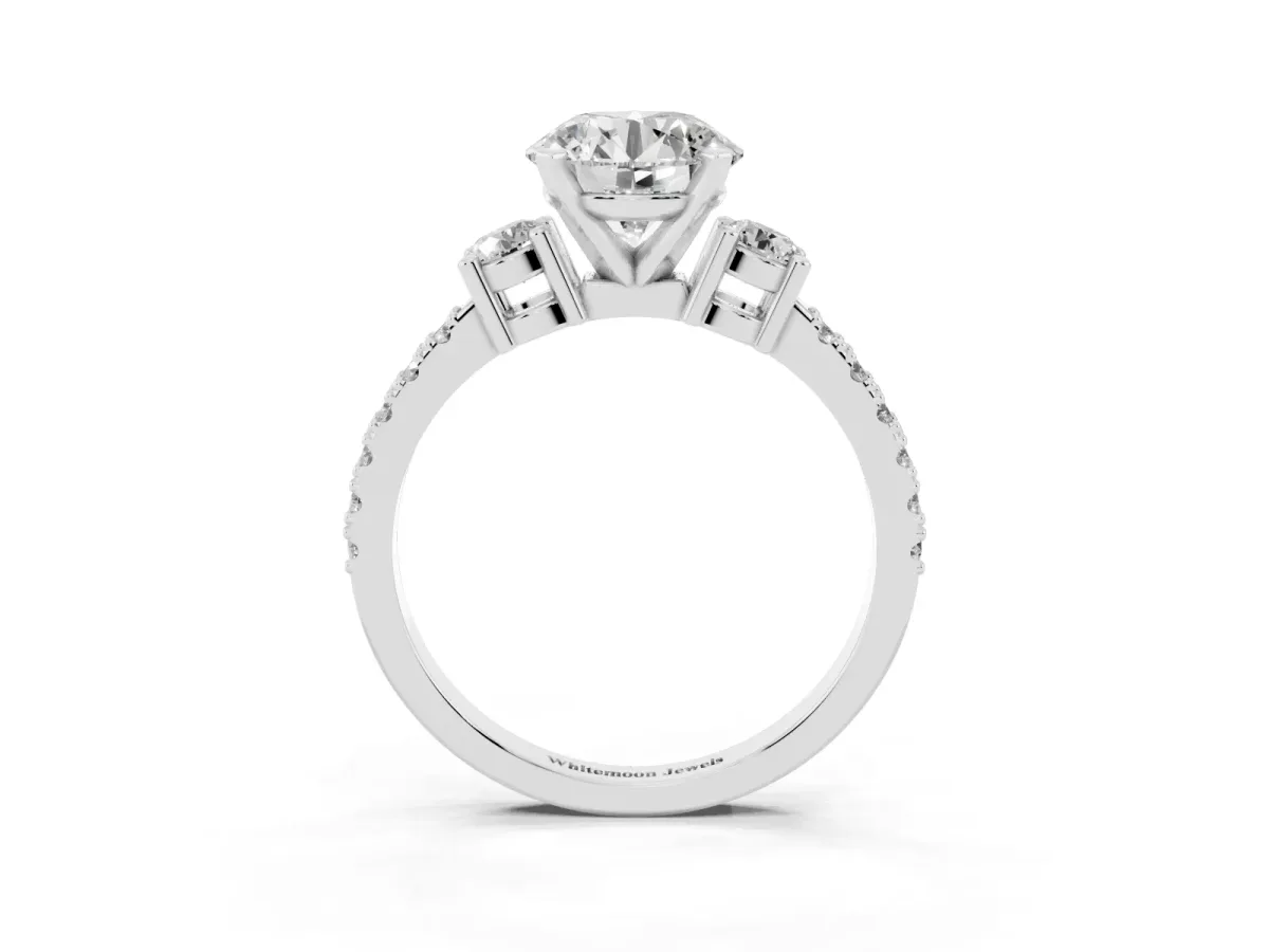 Round Cut Three-Stone Diamond Pavé Band with Prong Setting White gold