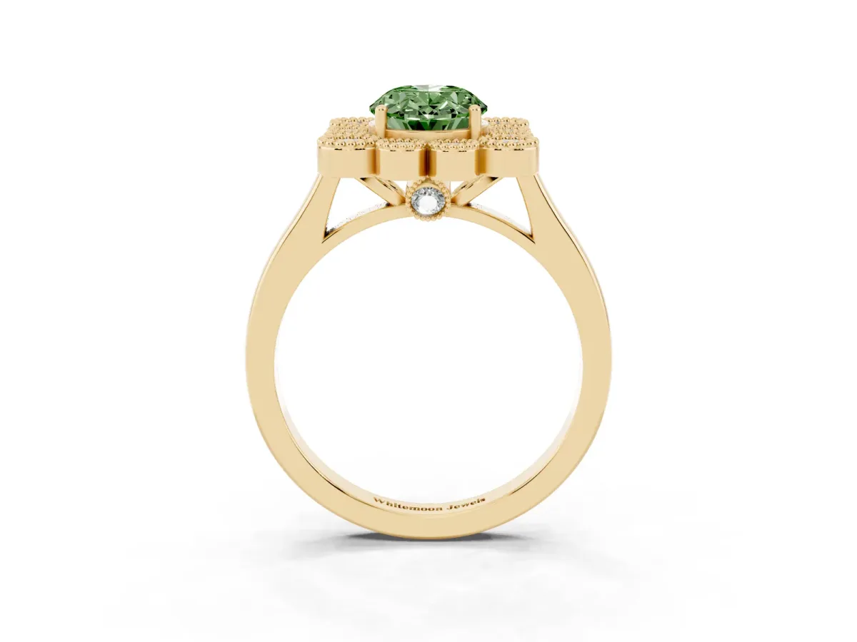 Fancy Green Oval Cut Halo Diamond Cluster Engagement Ring with Milgrain Bezel Setting and Solitaire Band Yellow gold