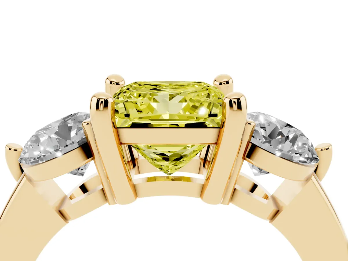 Fancy Yellow Three-Stone Princess Cut Brilliant Cut Solitaire Ring with Prong Setting on a Classic Band Yellow gold
