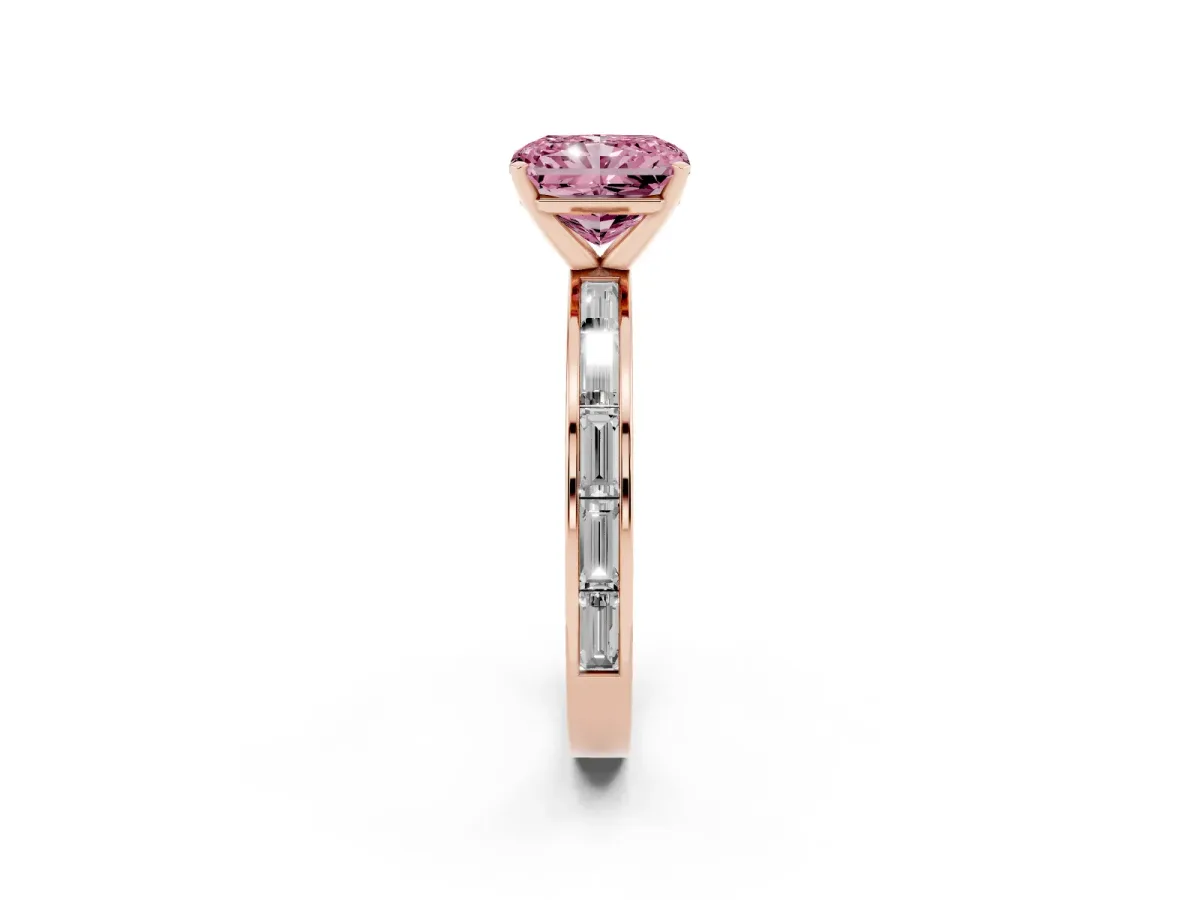 Fancy Pink Radiant Cut Solitaire Diamond Ring with Channel-Set Baguette Band and Four-Prong Setting Rose gold