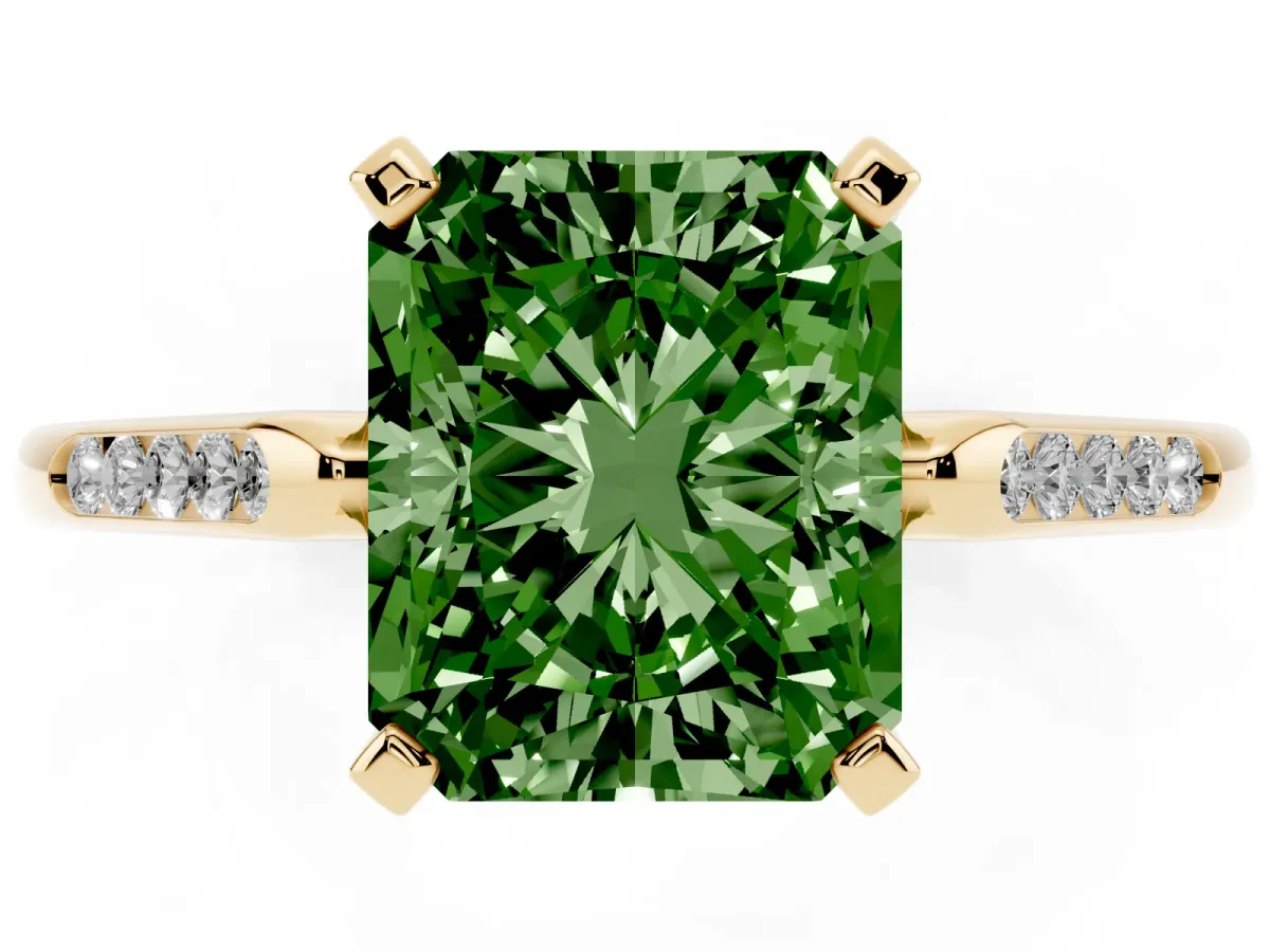 Fancy Green Radiant Cut Diamond Solitaire Ring with Channel Set Round Band and Prong Setting Yellow gold