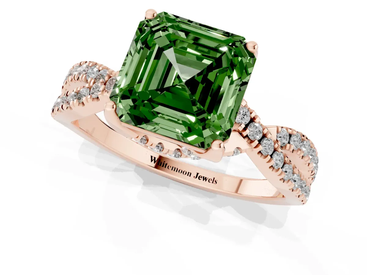 Fancy Green Asscher Cut Solitaire Twist Pave Diamond Engagement Ring with Prong Setting Rose gold