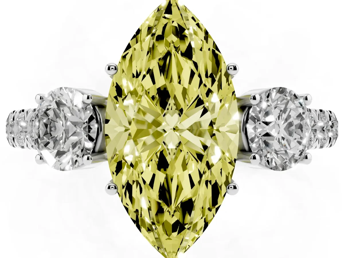 Fancy Yellow Marquise Cut Cut Diamond Three-Stone Ring with Round Side Stones and Pavé Band Silver