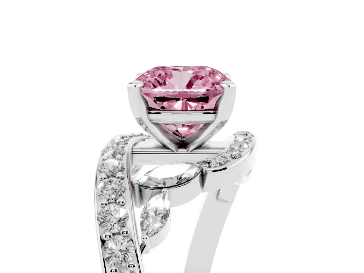 Fancy Pink Cushion Cut Diamond Solitaire Ring with Filigree Band and Four-Prong Setting Silver