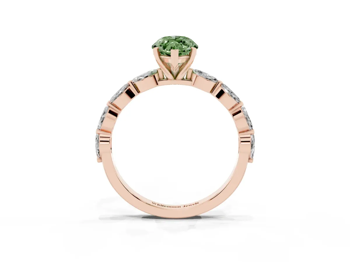 Fancy Green Marquise Cut Diamond Ring with Marquise Side Stones and Prong Setting Rose gold