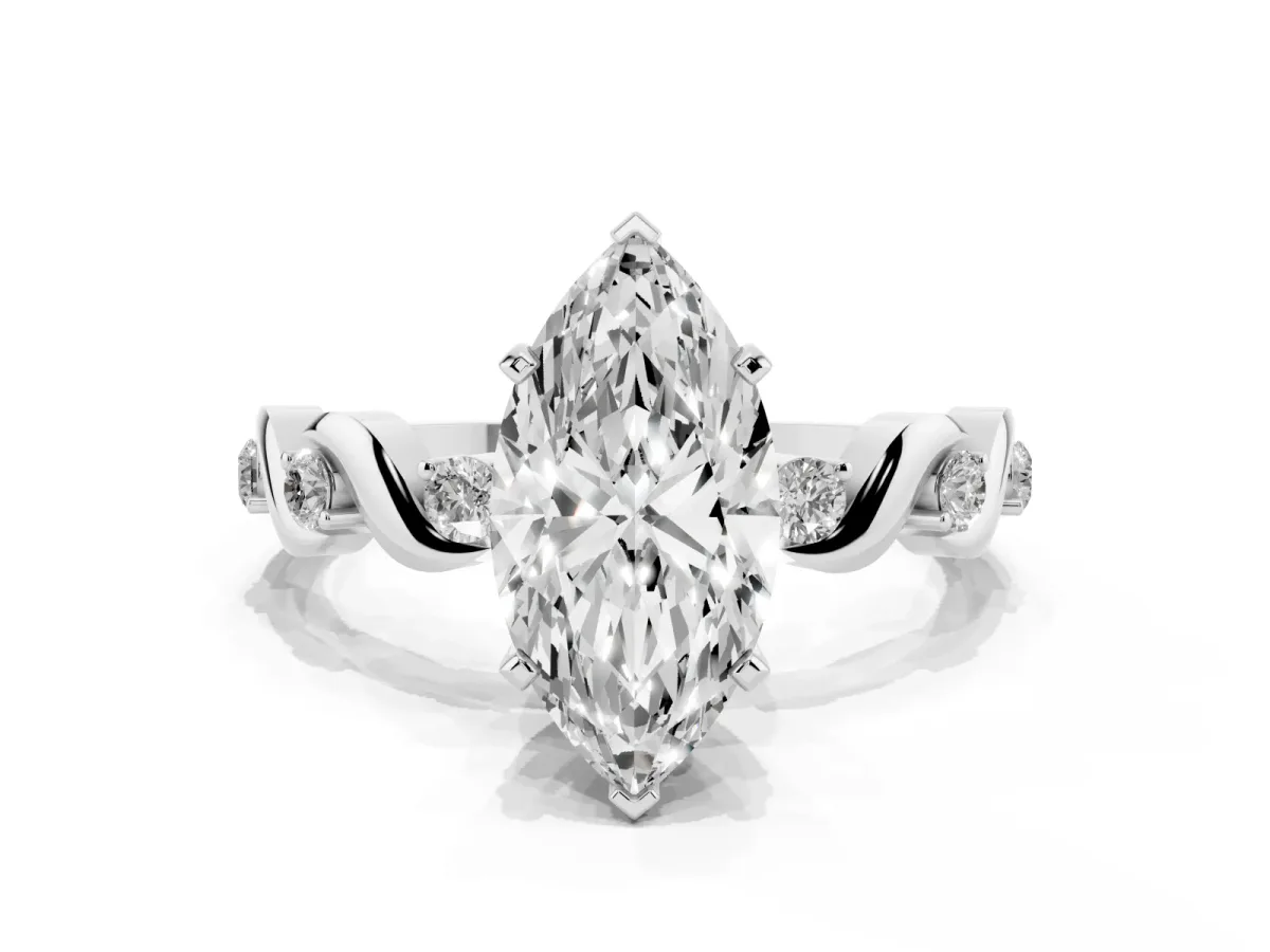 Marquise Cut Diamond Solitaire Twisted Band with Round Accents and Prong Setting Platinum