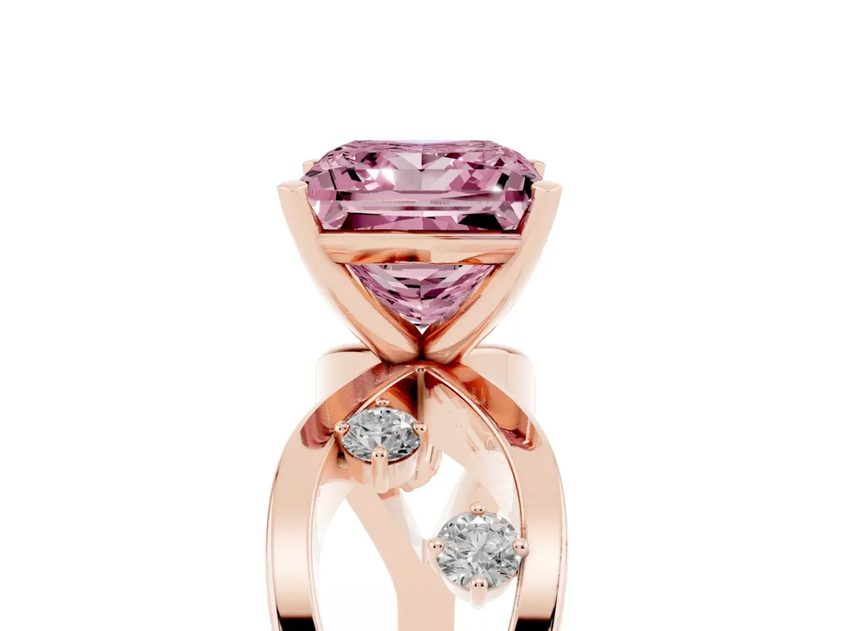 Fancy Pink Princess Cut Cut Solitaire Diamond with Side Stones on Criss-Cross Band and Four-Prong Setting Rose gold