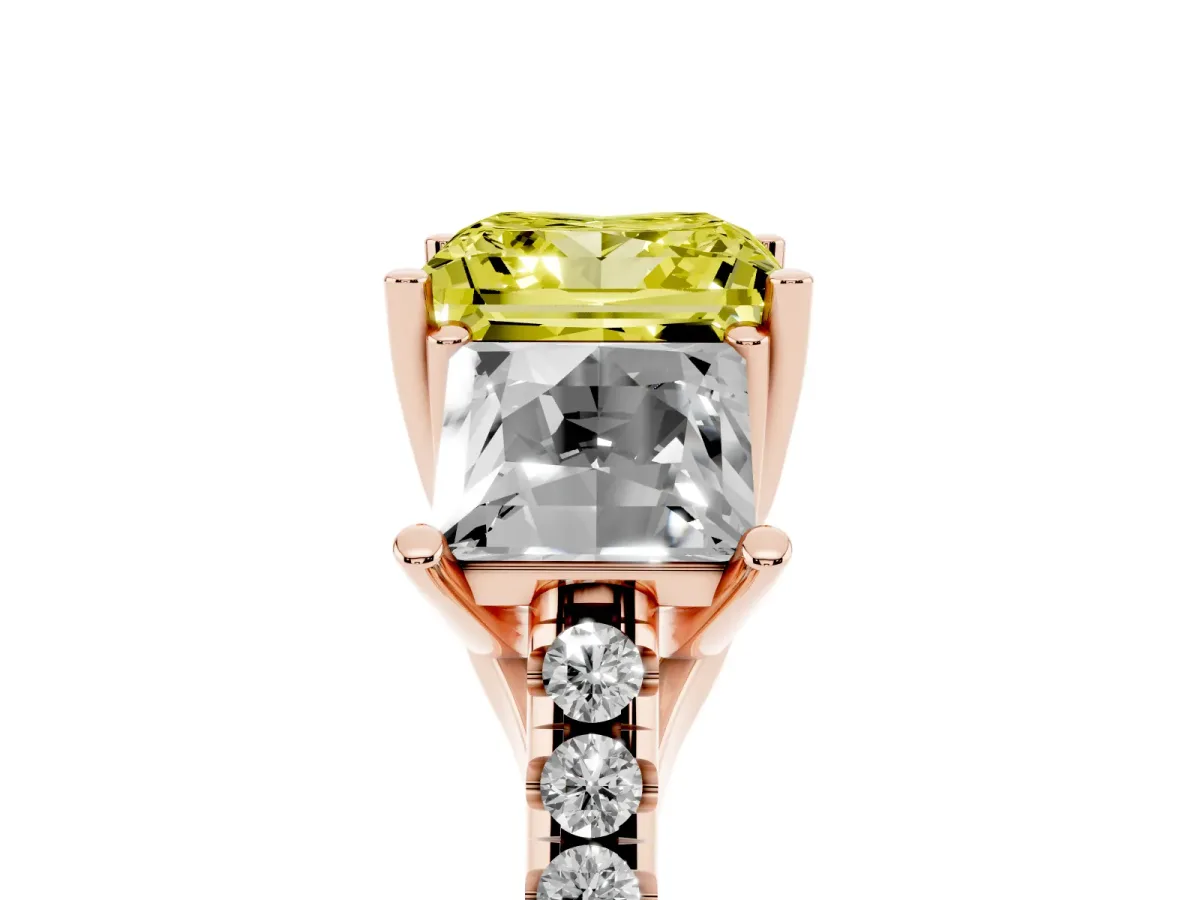Fancy Yellow Three-Stone Princess Cut Diamond Ring with Round Pavé Band and Prong Setting Rose gold
